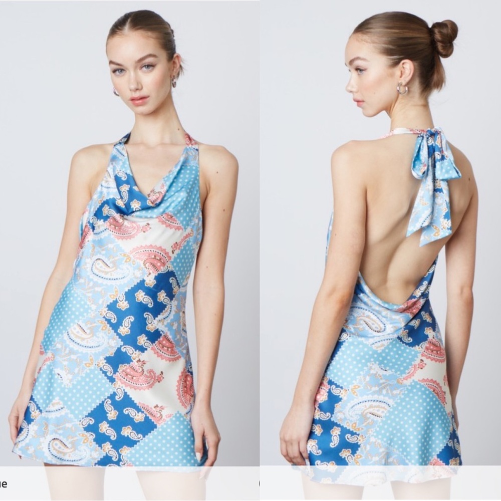 Cotton Candy LA Women’s Blue Printed Cowl Halter Neck Tie Mini Dress New